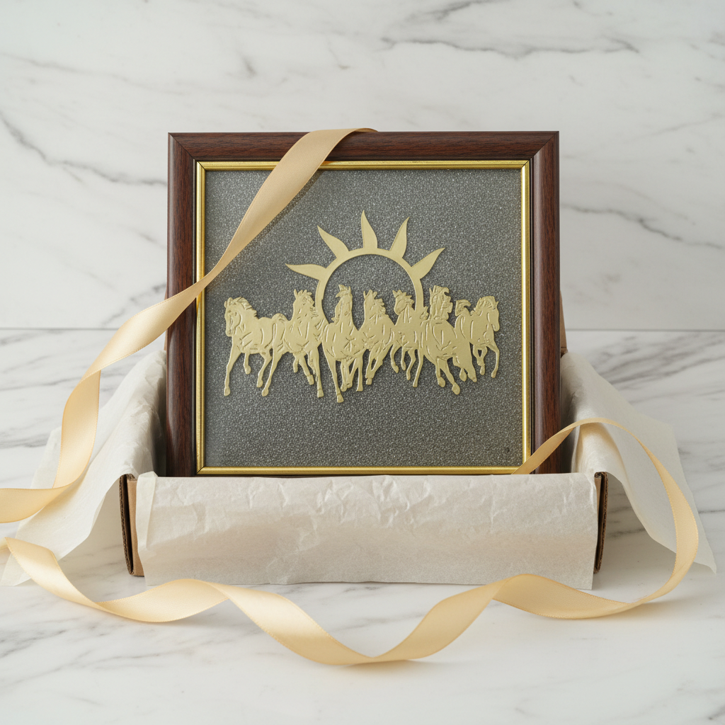 Seven Running Horses Vastu Wall Frame with Pyrite for Wealth & Success