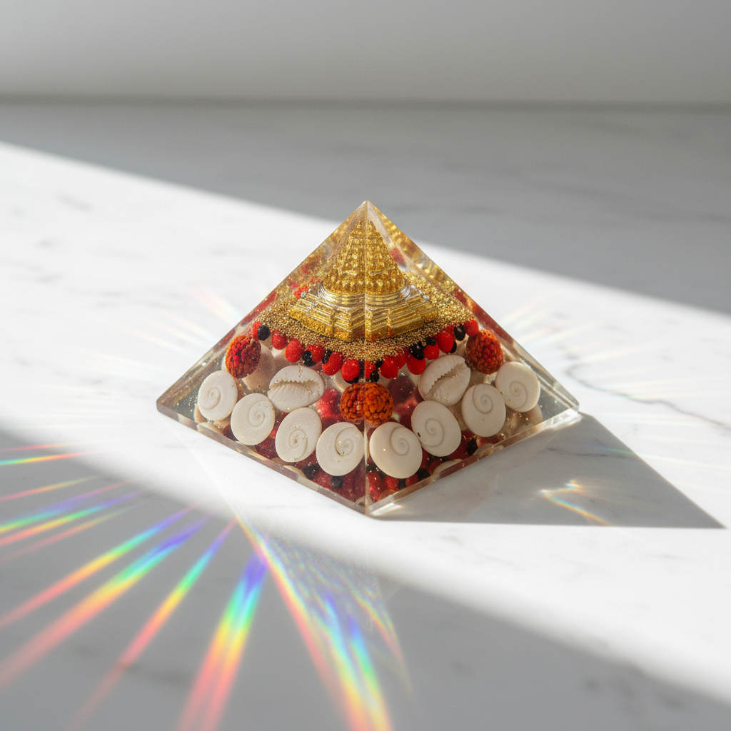 Golden Temple Orgone Energy Pyramid with Rudraksha & Gomti Chakra