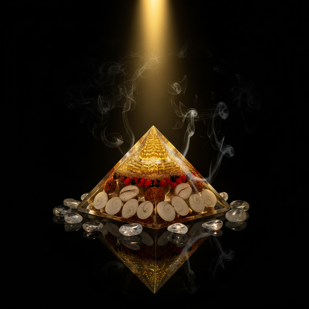 Golden Temple Orgone Energy Pyramid with Rudraksha & Gomti Chakra