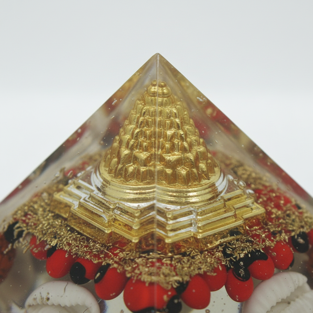 Golden Temple Orgone Energy Pyramid with Rudraksha & Gomti Chakra
