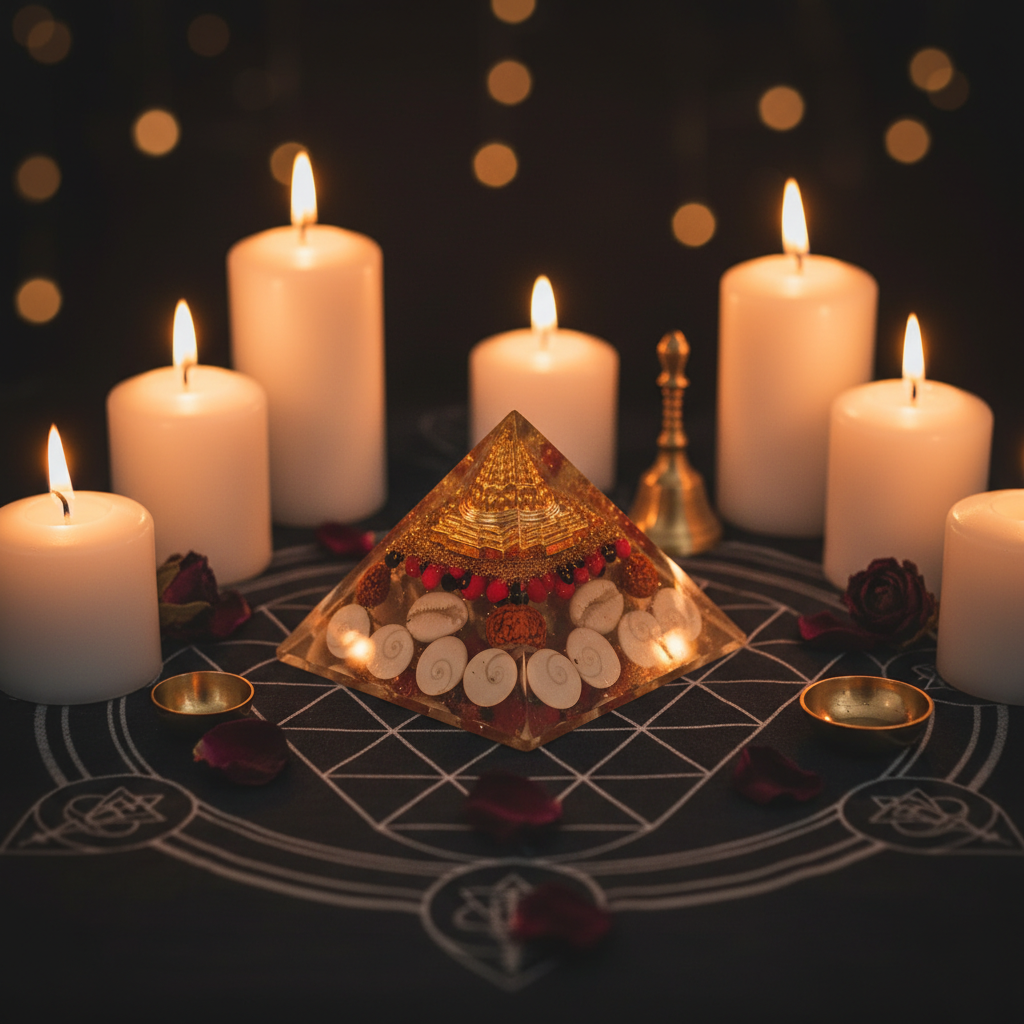 Golden Temple Orgone Energy Pyramid with Rudraksha & Gomti Chakra