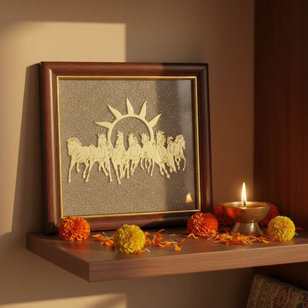 Seven Running Horses Vastu Wall Frame with Pyrite for Wealth & Success